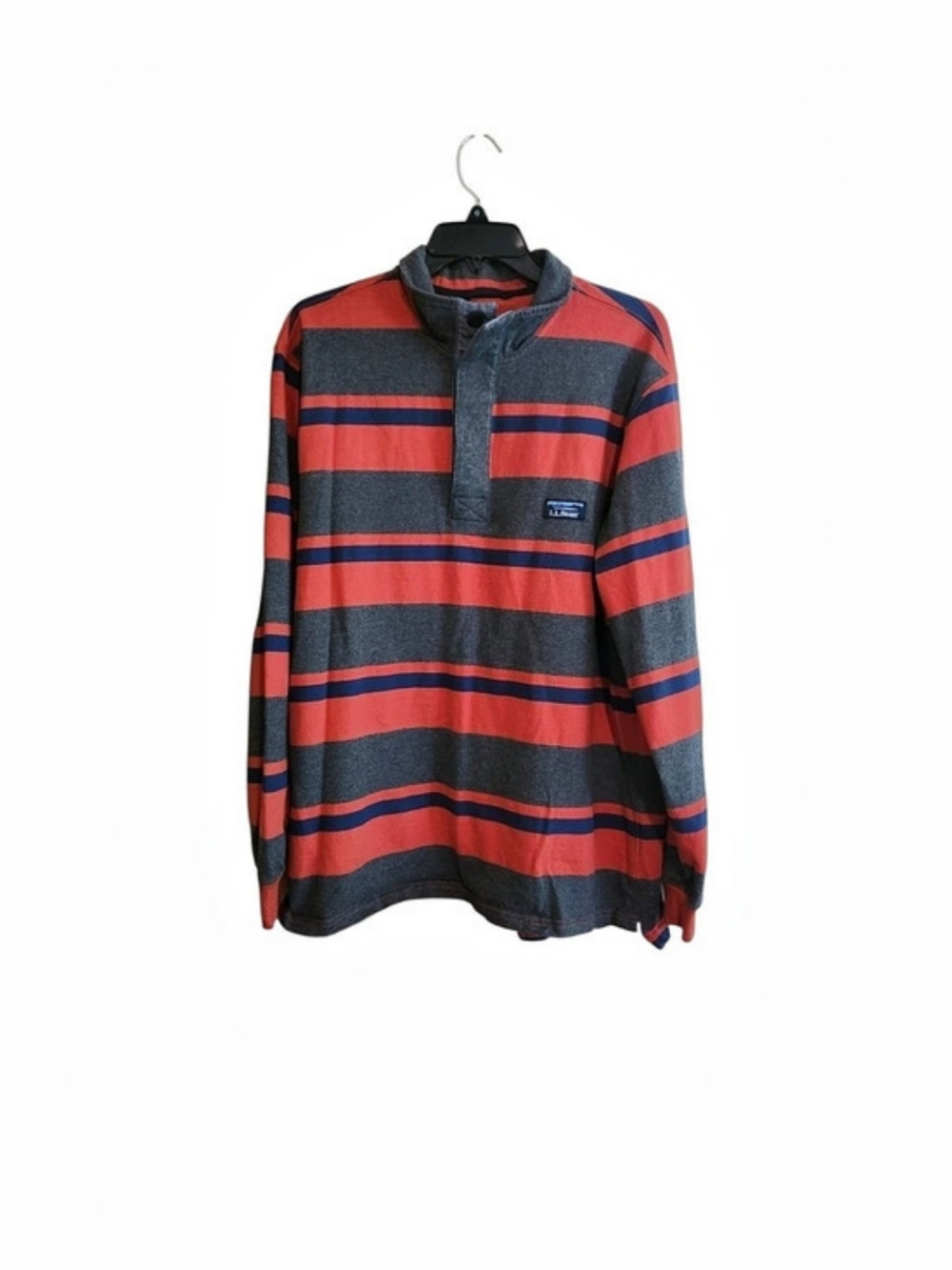 L.L.Bean Traditional Fit Striped Long Sleeve Rugby Shirt Red & Gray